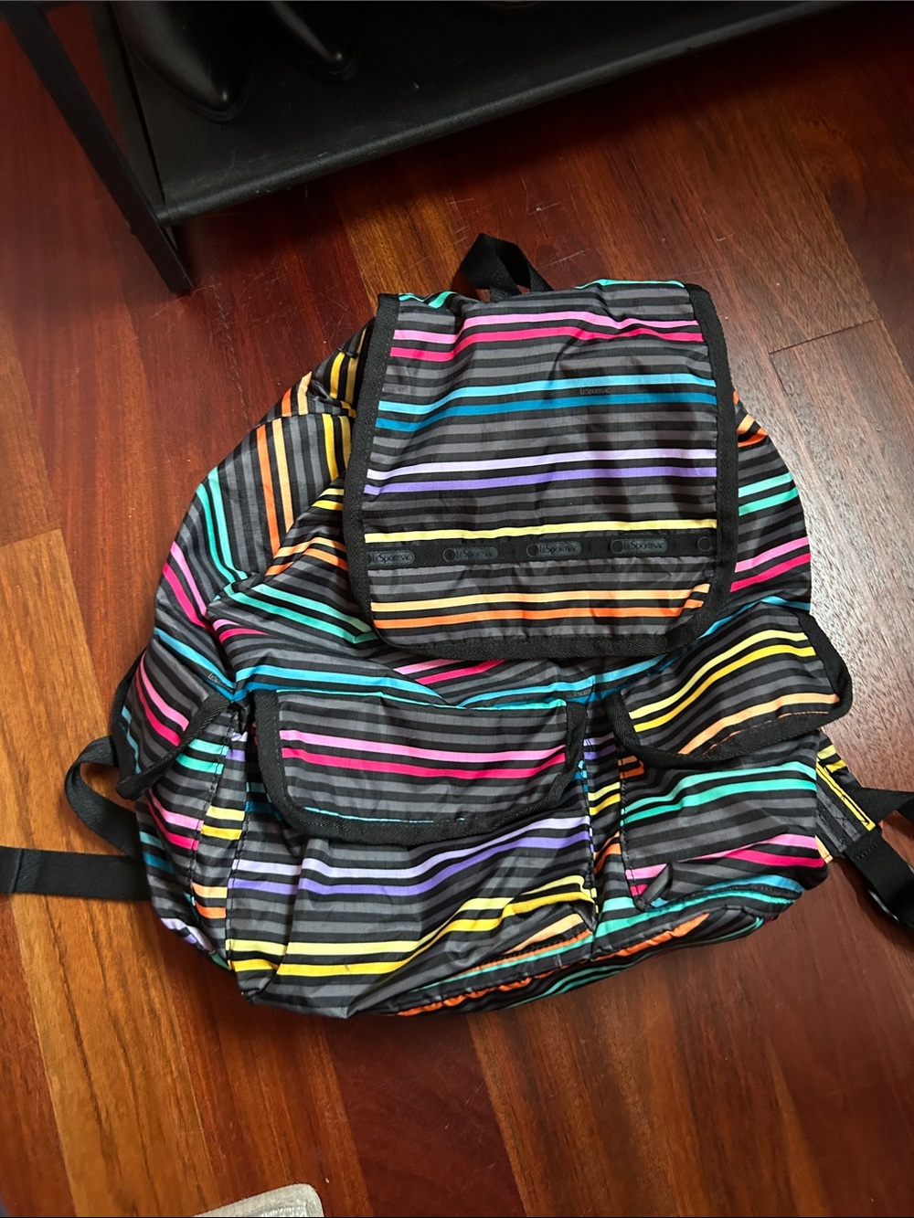 Lesportsac Multicolor Striped Backpack - Black Base with Bright Stripes